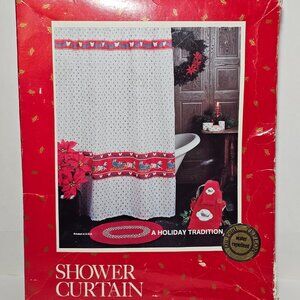 Vintage Christmas Shower Curtain New in Box Coquette Bows Holly Sleigh Made USA
